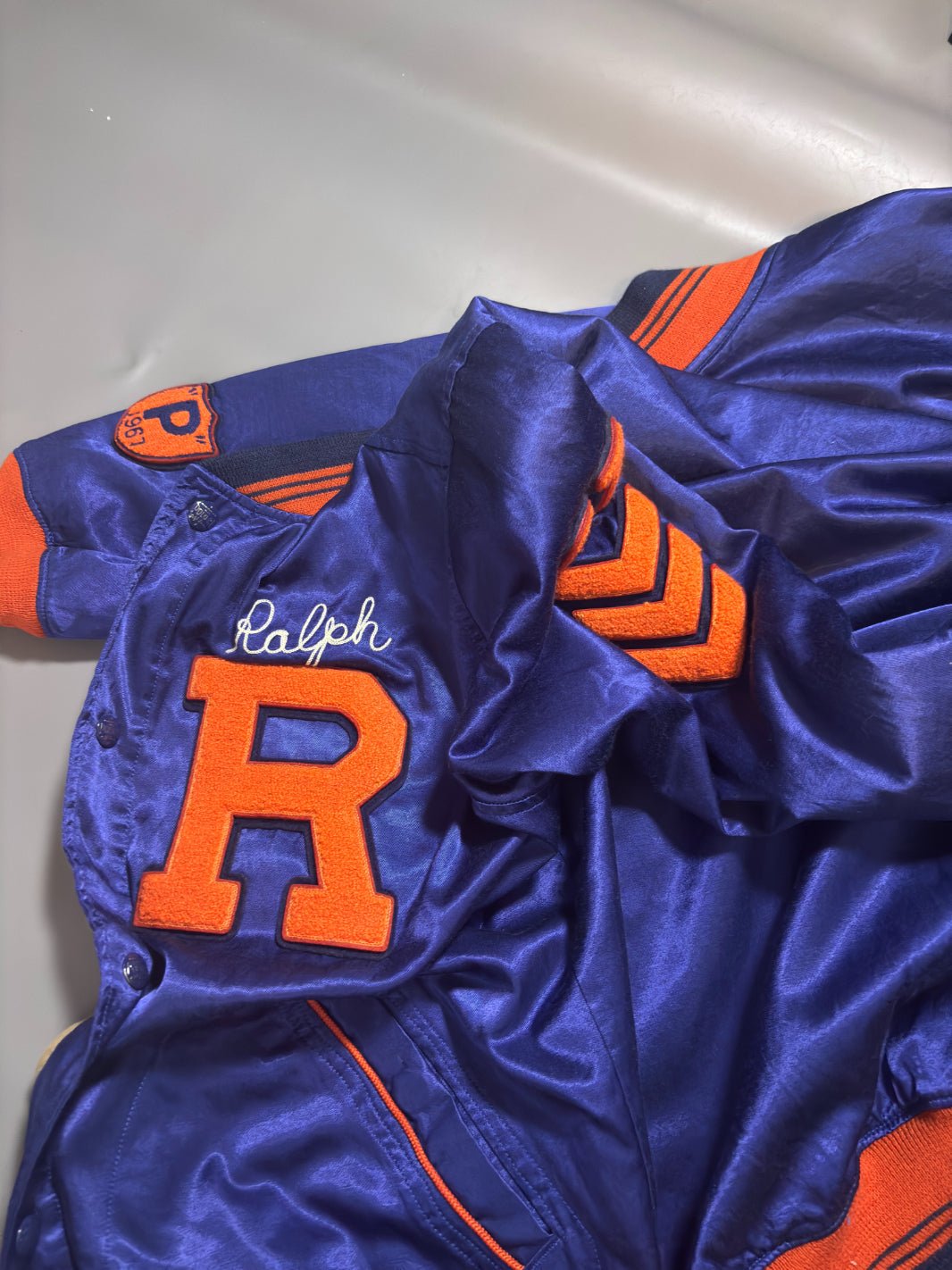 Satin Letterman Baseball Jacket Ralph Lauren - M - New, Authentic - Revaleur