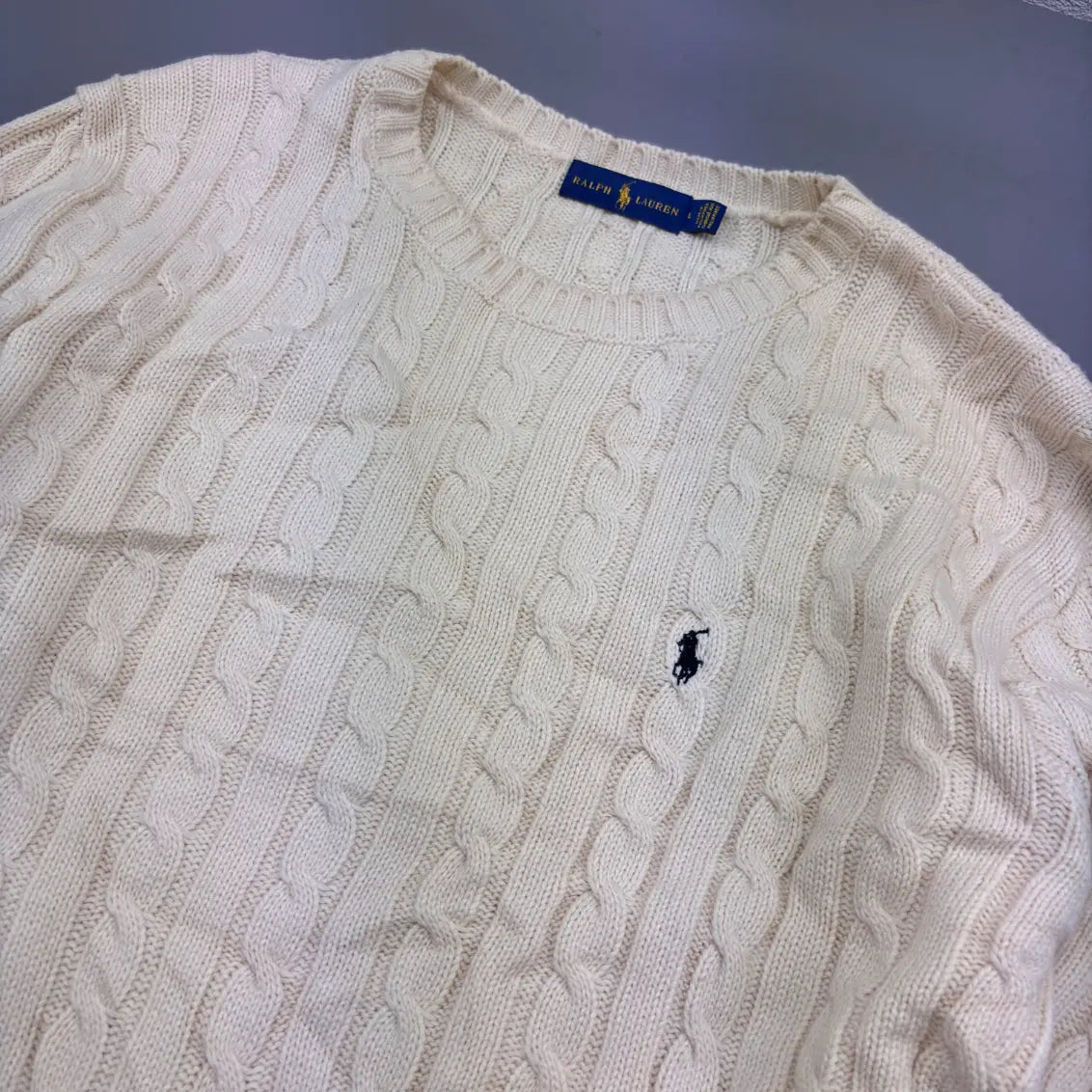 Beige Ralph Lauren Cable Knit Sweater - L - Excellent Condition - Revaleur