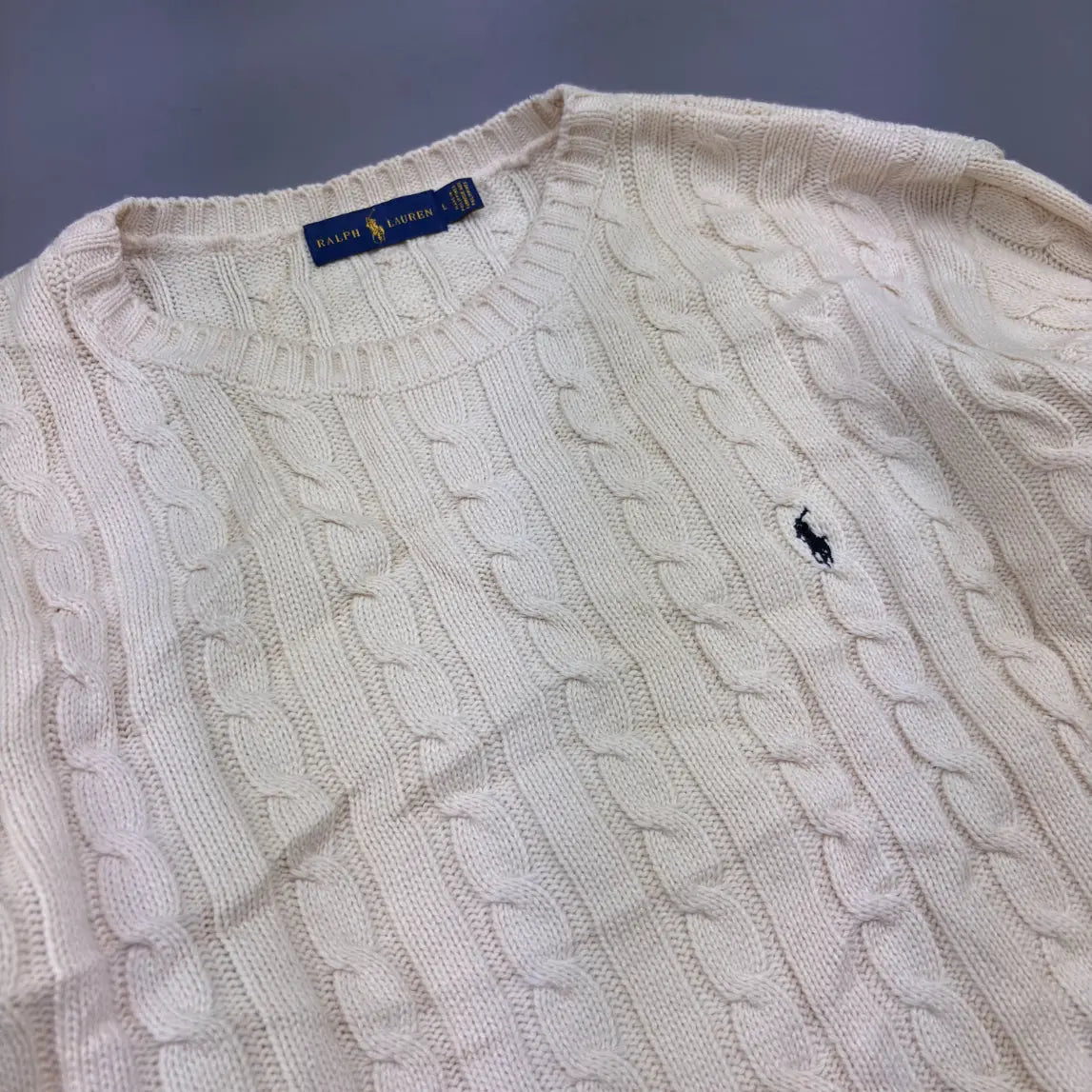 Beige Ralph Lauren Cable Knit Sweater - L - Excellent Condition - Revaleur