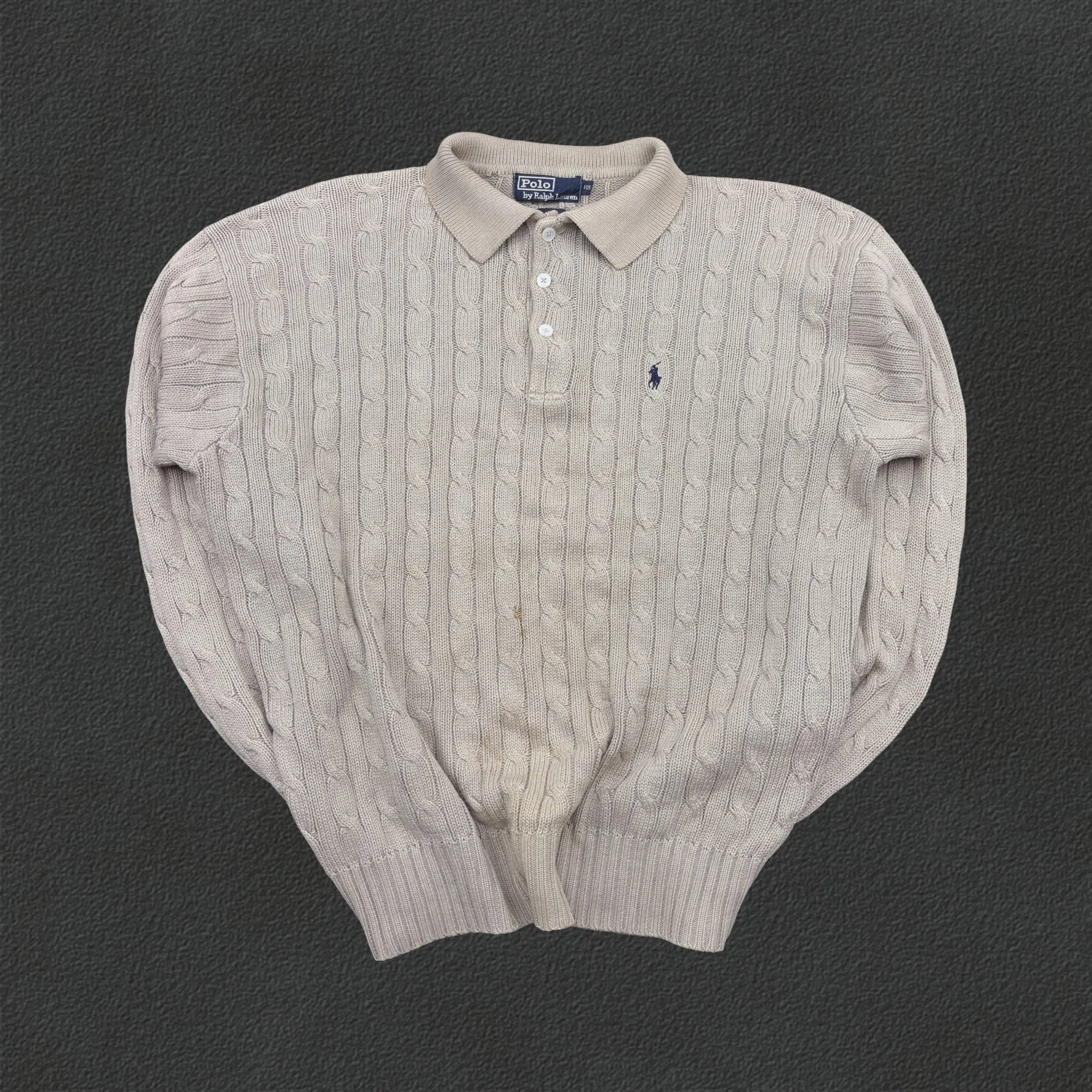 Beige Ralph Lauren Knitted Long - Sleeve Polo Shirt - M - Good Condition - Revaleur