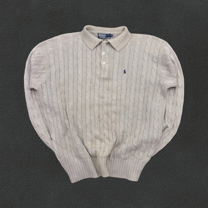 Beige Ralph Lauren Knitted Long - Sleeve Polo Shirt - M - Good Condition - Revaleur