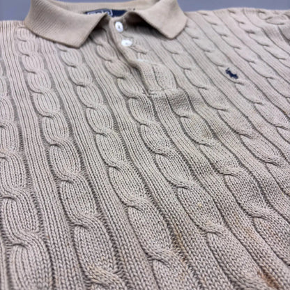 Beige Ralph Lauren Knitted Long - Sleeve Polo Shirt - M - Good Condition - Revaleur