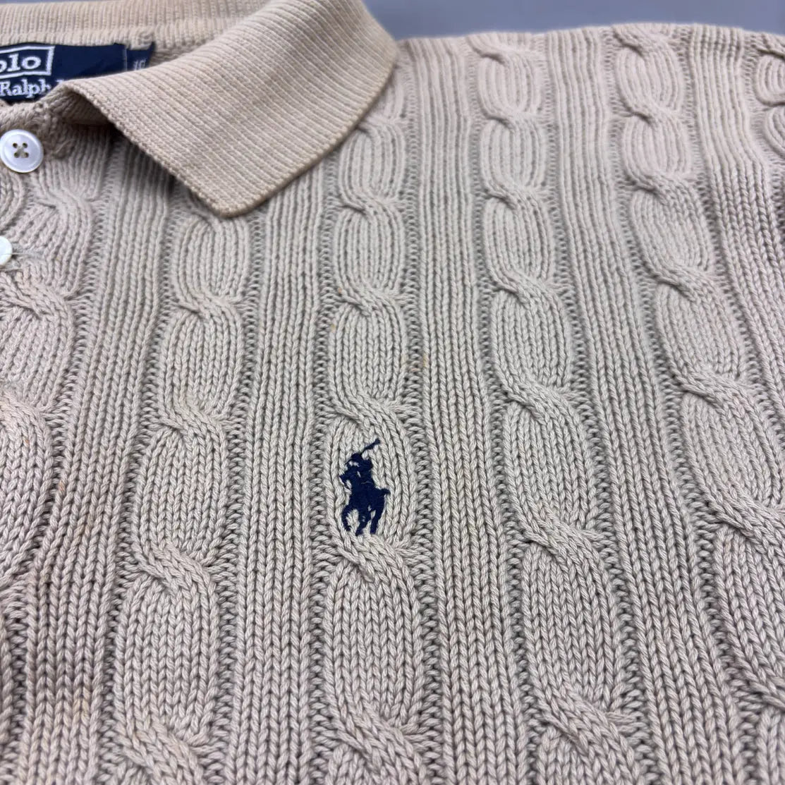 Beige Ralph Lauren Knitted Long - Sleeve Polo Shirt - M - Good Condition - Revaleur