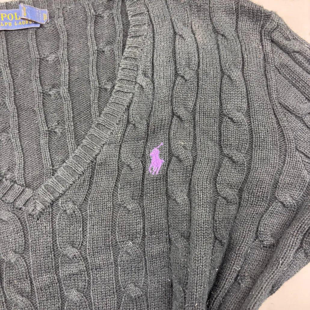 Black Ralph Lauren Knitted V - Neck - L - Excellent Condition - Revaleur