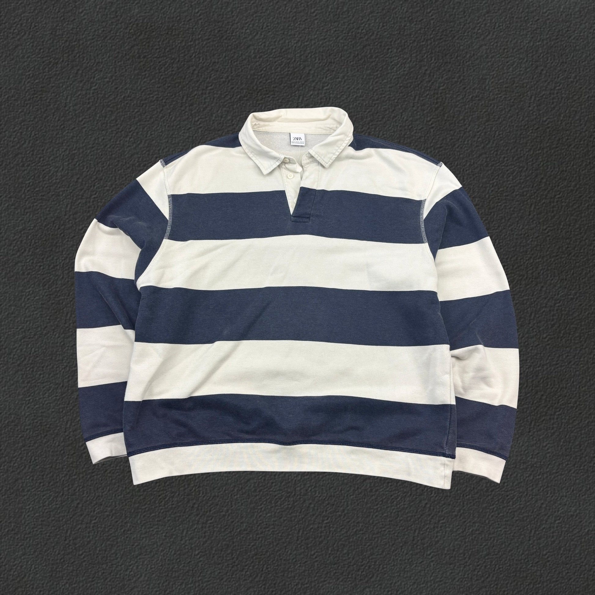 Blue/White Zara Rugby Longsleeve Poloshirt - Men XL - Very Good - Revaleur