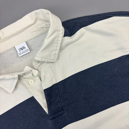 Blue/White Zara Rugby Longsleeve Poloshirt - Men XL - Very Good - Revaleur