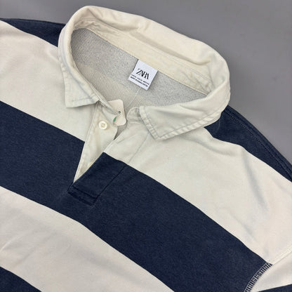 Blue/White Zara Rugby Longsleeve Poloshirt - Men XL - Very Good - Revaleur