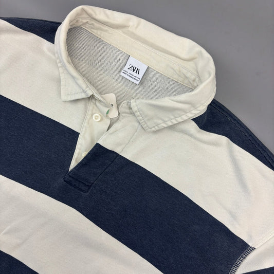 Blue/White Zara Rugby Longsleeve Poloshirt - Men XL - Very Good - Revaleur