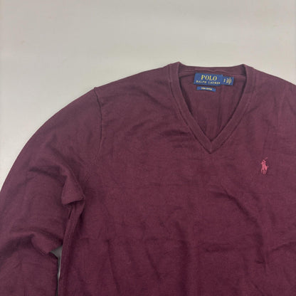 Burgundy Ralph Lauren V - neck Sweater - Men S - Very Good - Revaleur