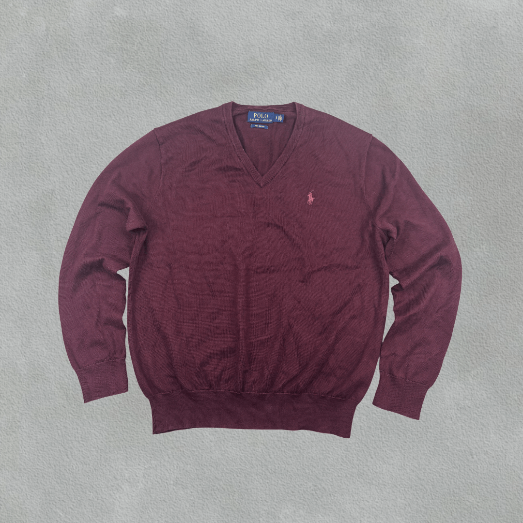 Burgundy Ralph Lauren V - neck Sweater - Men S - Very Good - Revaleur