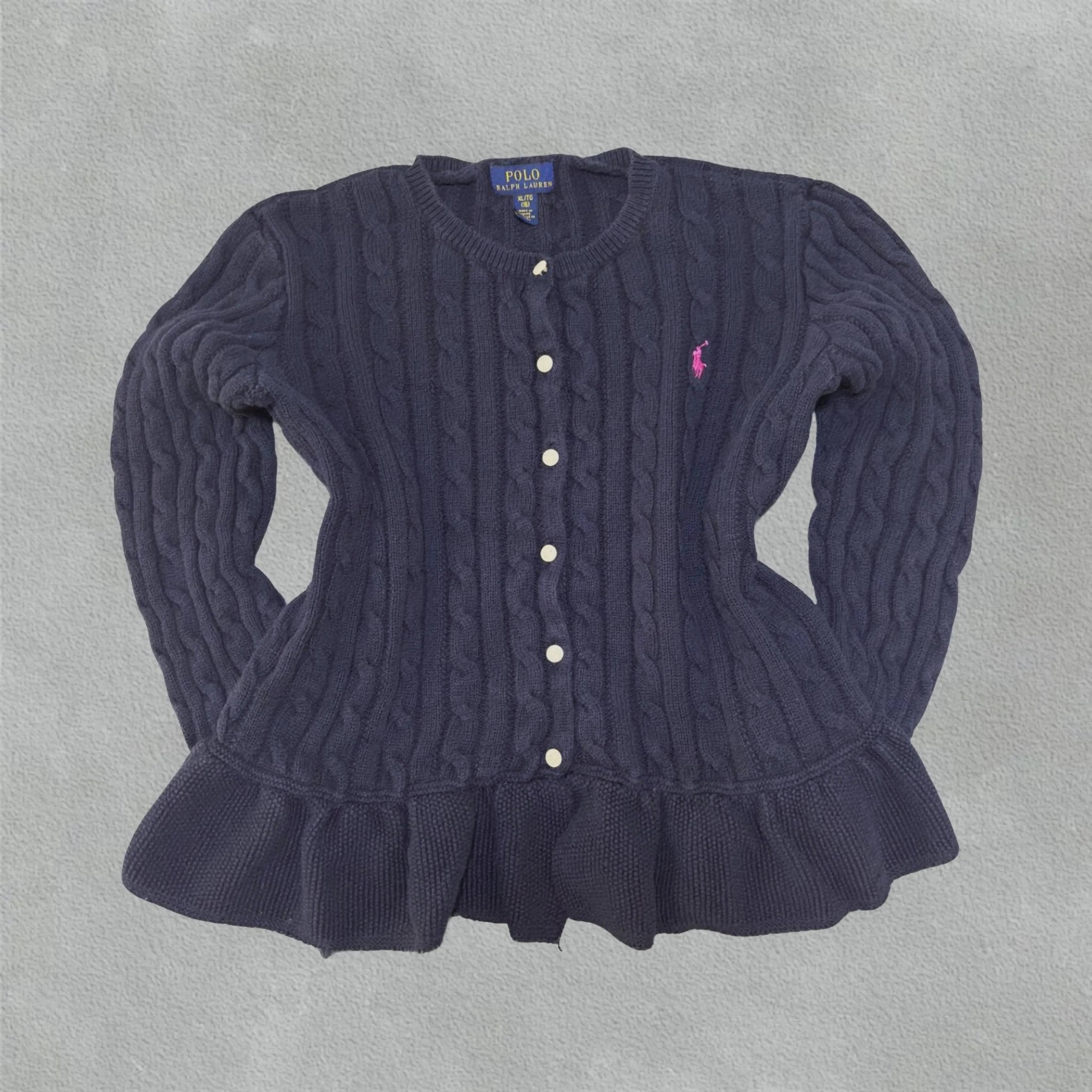 Navy Blue Cable - Knit Cardigan with Ruffle Hem - XL (Kids) - Excellent Condition - Revaleur