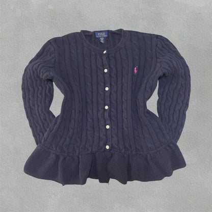 Navy Blue Cable - Knit Cardigan with Ruffle Hem - XL (Kids) - Excellent Condition - Revaleur
