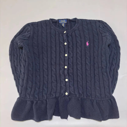 Navy Blue Cable - Knit Cardigan with Ruffle Hem - XL (Kids) - Excellent Condition - Revaleur