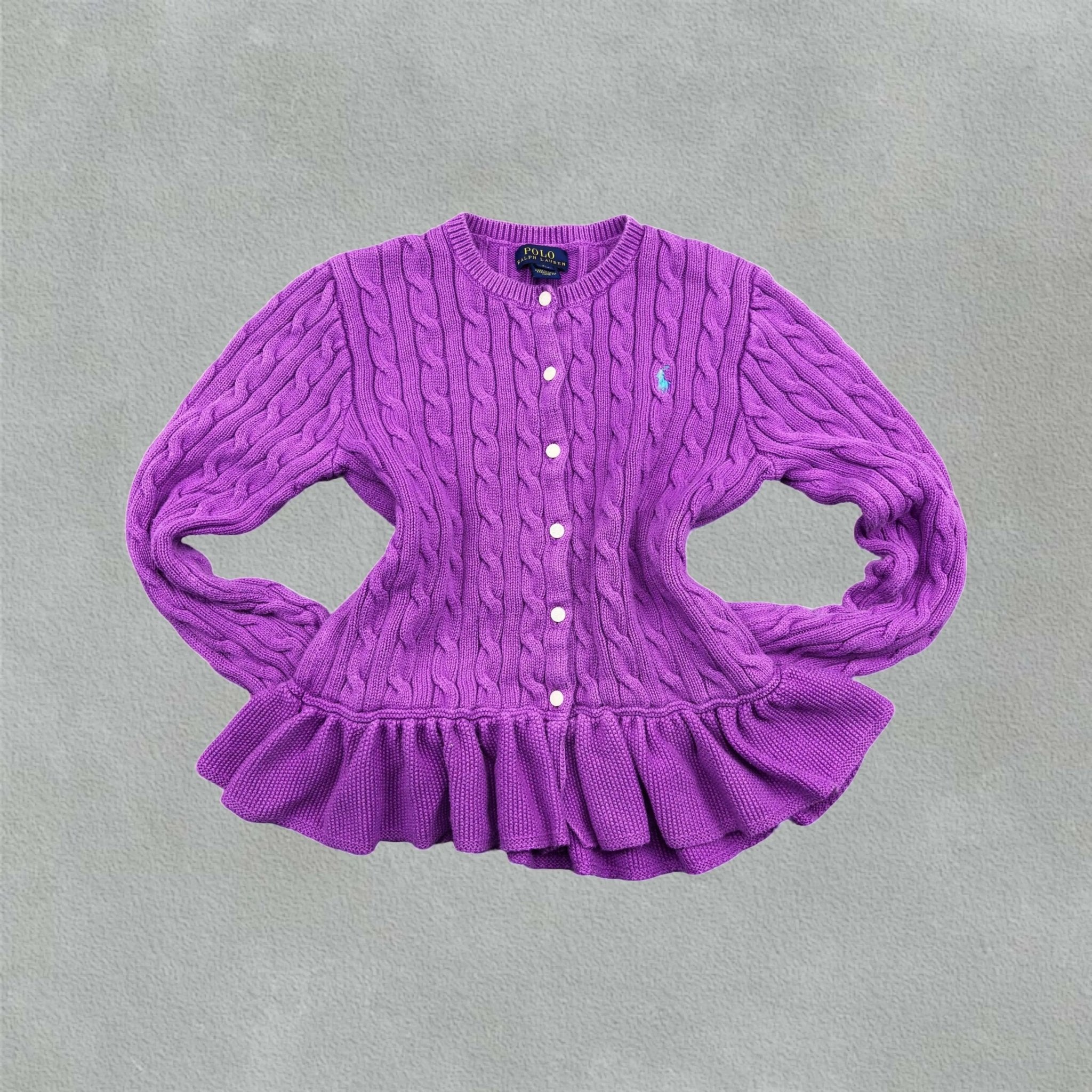 Purple Ralph Lauren Cardigan with Ruffle Hem - L (Kids) - New, Never Worn - Revaleur