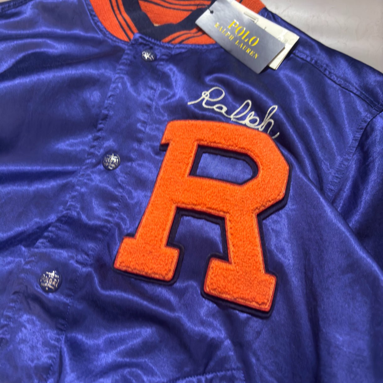 Satin Letterman Baseball Jacket Ralph Lauren - M - New, Authentic - Revaleur